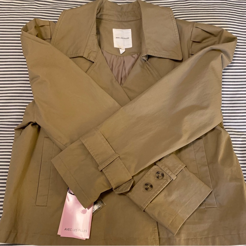 Avec Les Filles Cropped Puff Sleeve Trench Coat Tan Double Breasted XL NWT - Picture 13 of 15